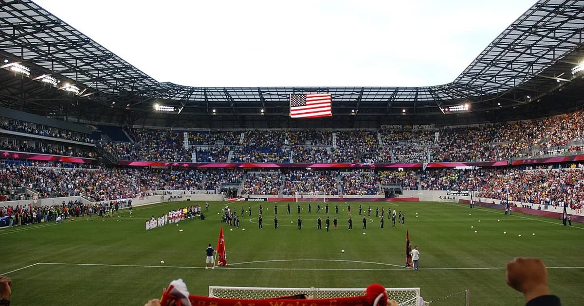 A football stadium with Red Bull New York colors before the match against St. Louis CITY SC at Sports Illustrated Stadium.